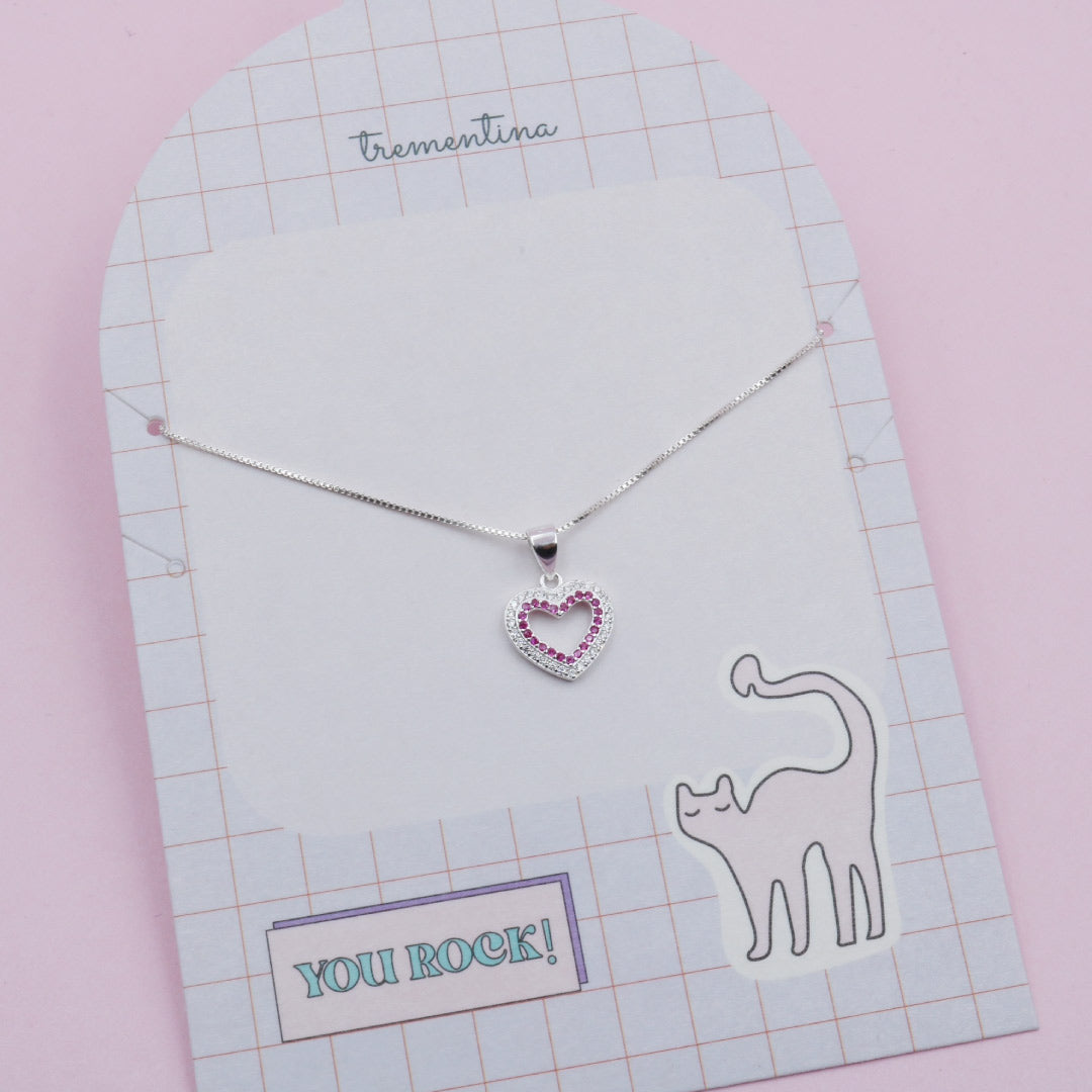 Collar Corazón en Plata con Circones Fucsia