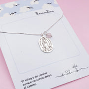 Collar Virgen de Guadalupe con Cuarzo Rosa en Plata