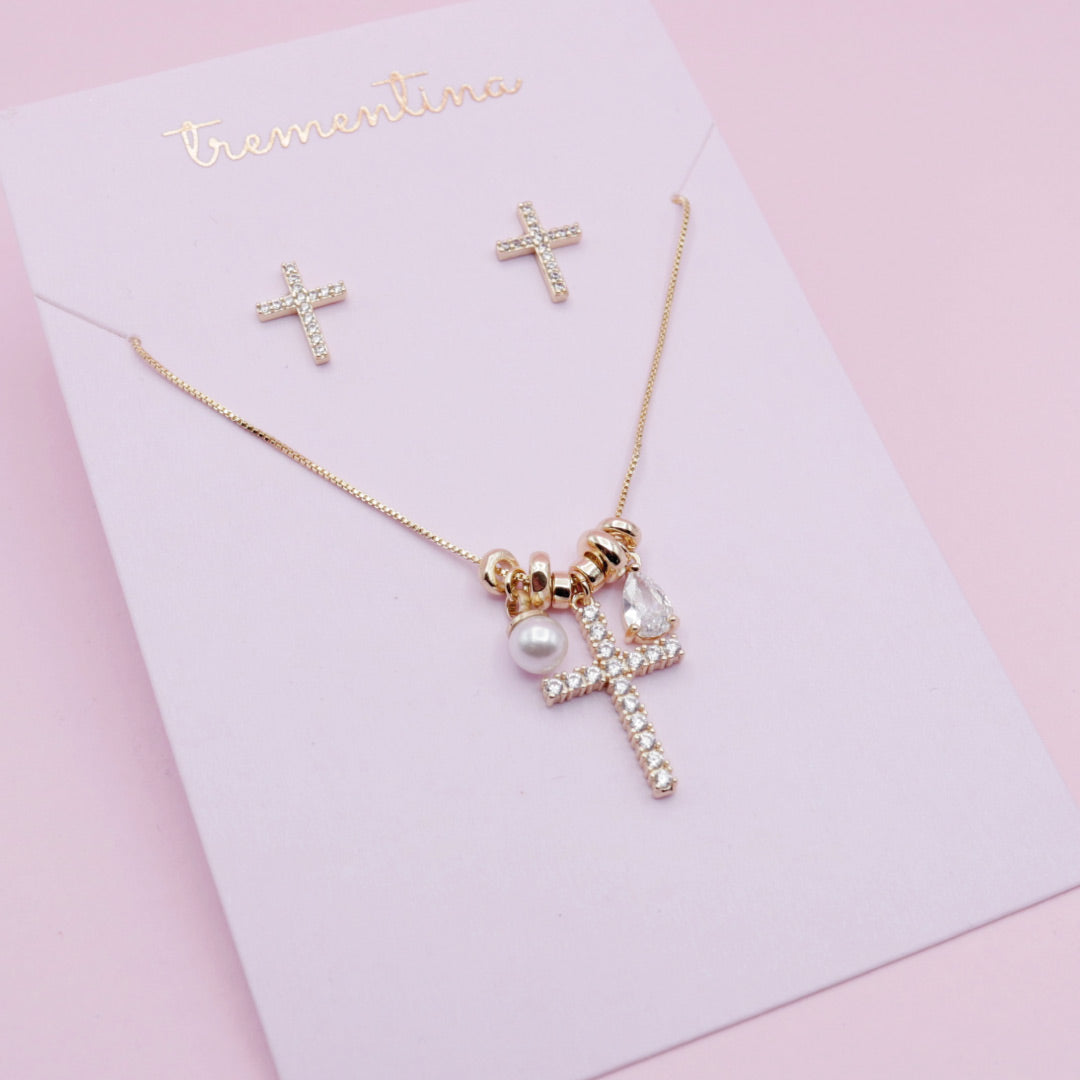 Set Dorado Fe y Esperanza Piedra Transparente