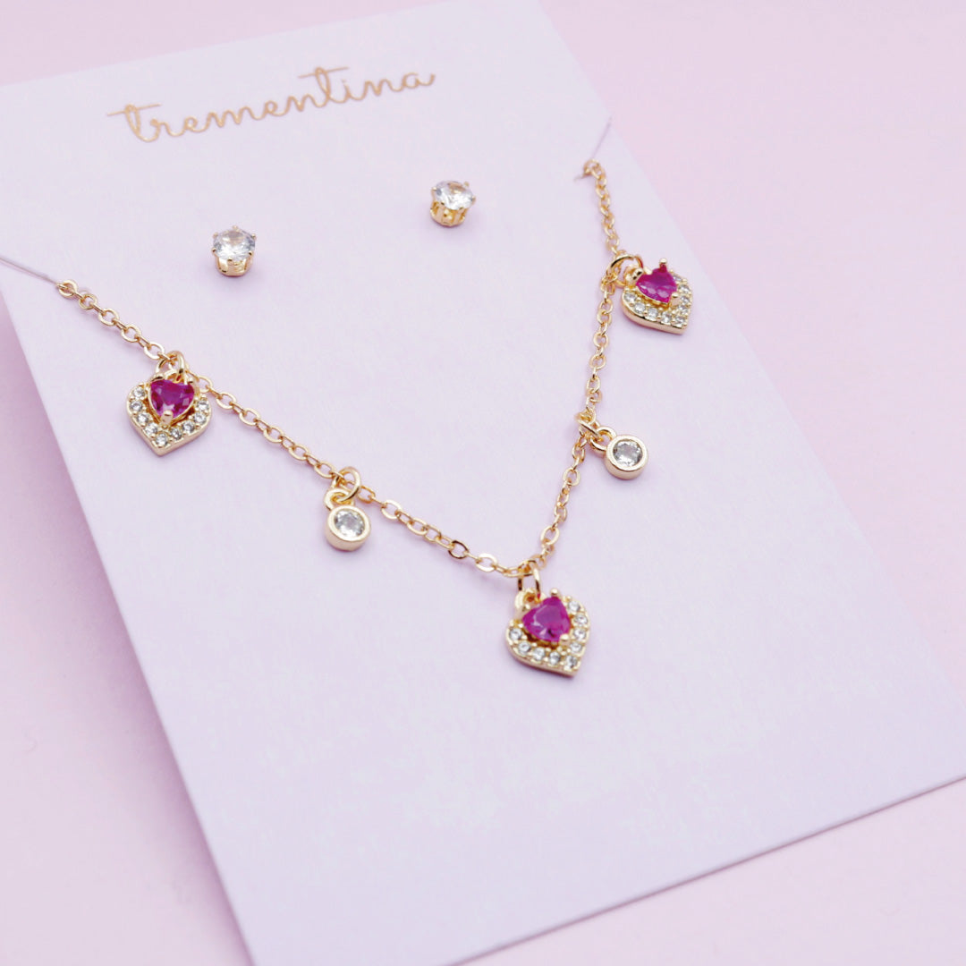 Juego de Joyas Dorado Corazones Rosados