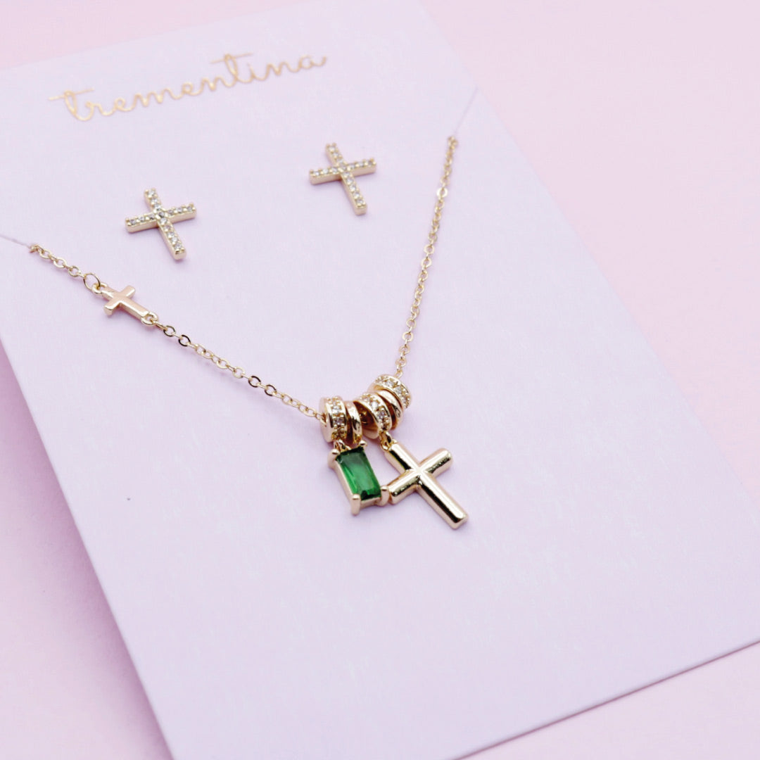 Juego de Joyas Cruz y Circón Verde