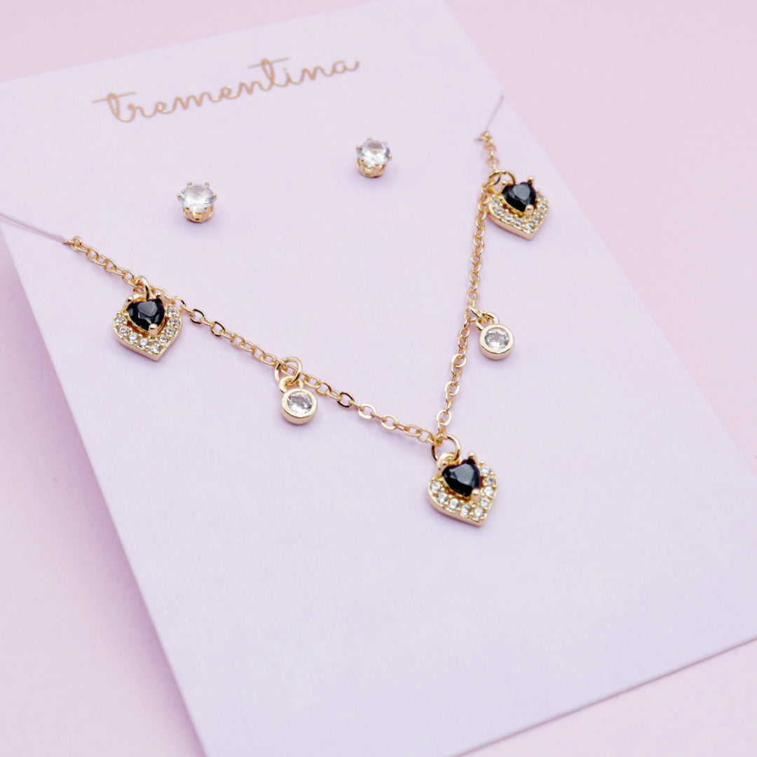 Juego de Joyas Dorado Corazones Negros