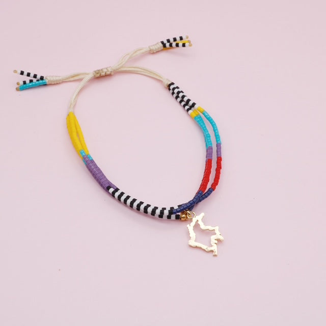 Pulsera Triple Mostacillas  Silueta Colombia Dorado