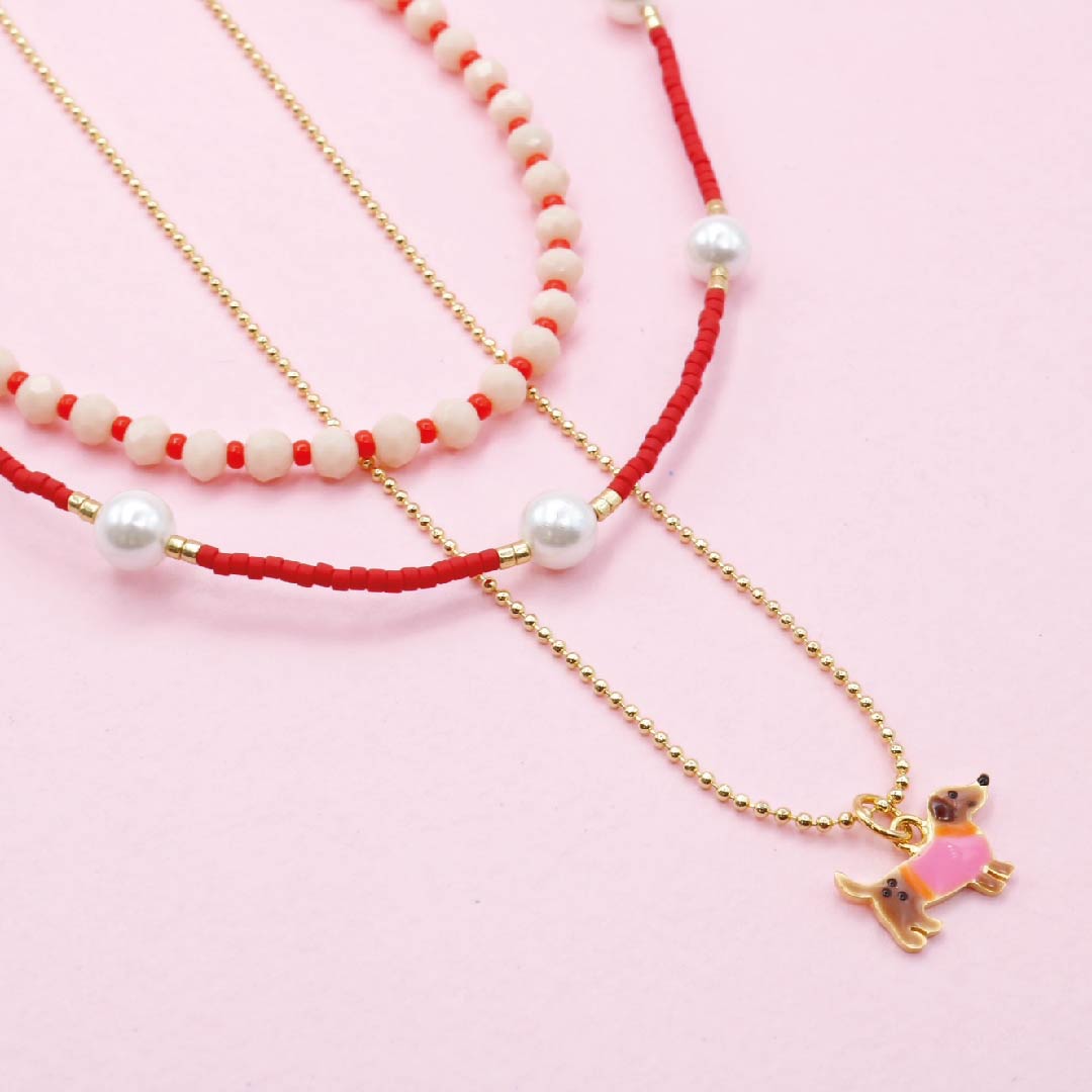 Set 3 Collares Perrito Salchicha Dorado