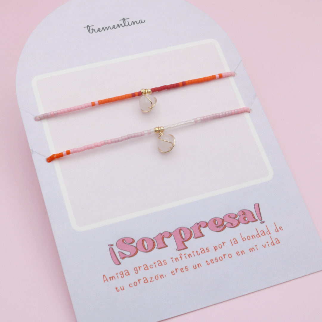 Pulseras Pareja Hermanas Cuarzo Rosa