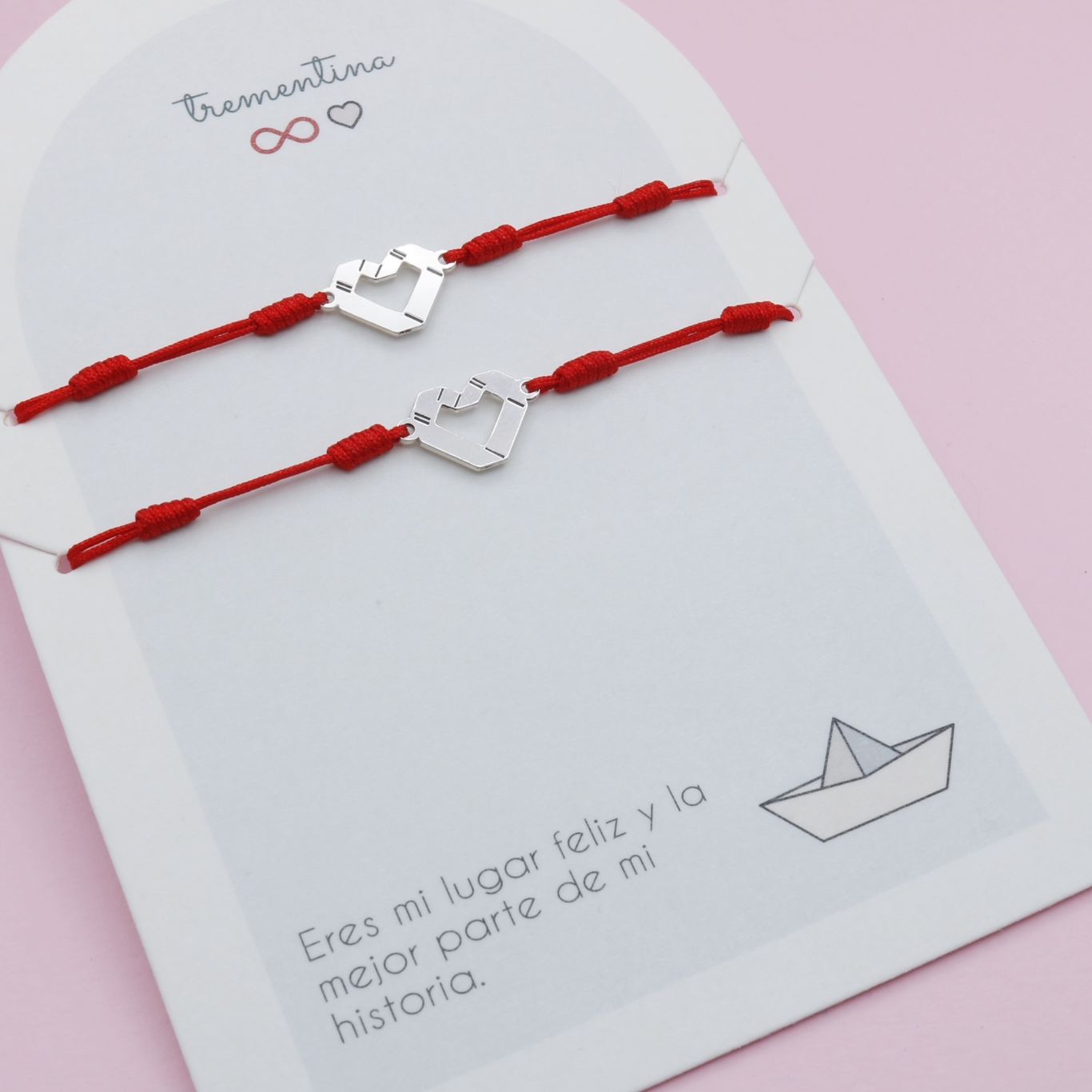 Set de Dos Pulseras Dije de Plata Corazón en Origami