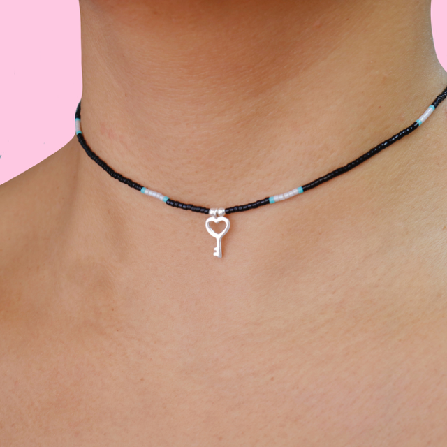 Choker o Pulsera Mostacilla Miyuki Corazón Llave En Plata