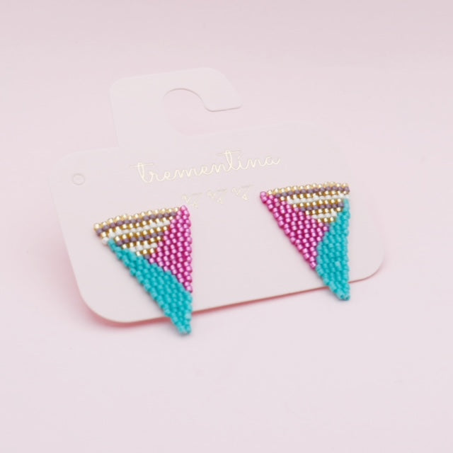 Aretes Tejidos Triángulo Invertido Azul Fucsia