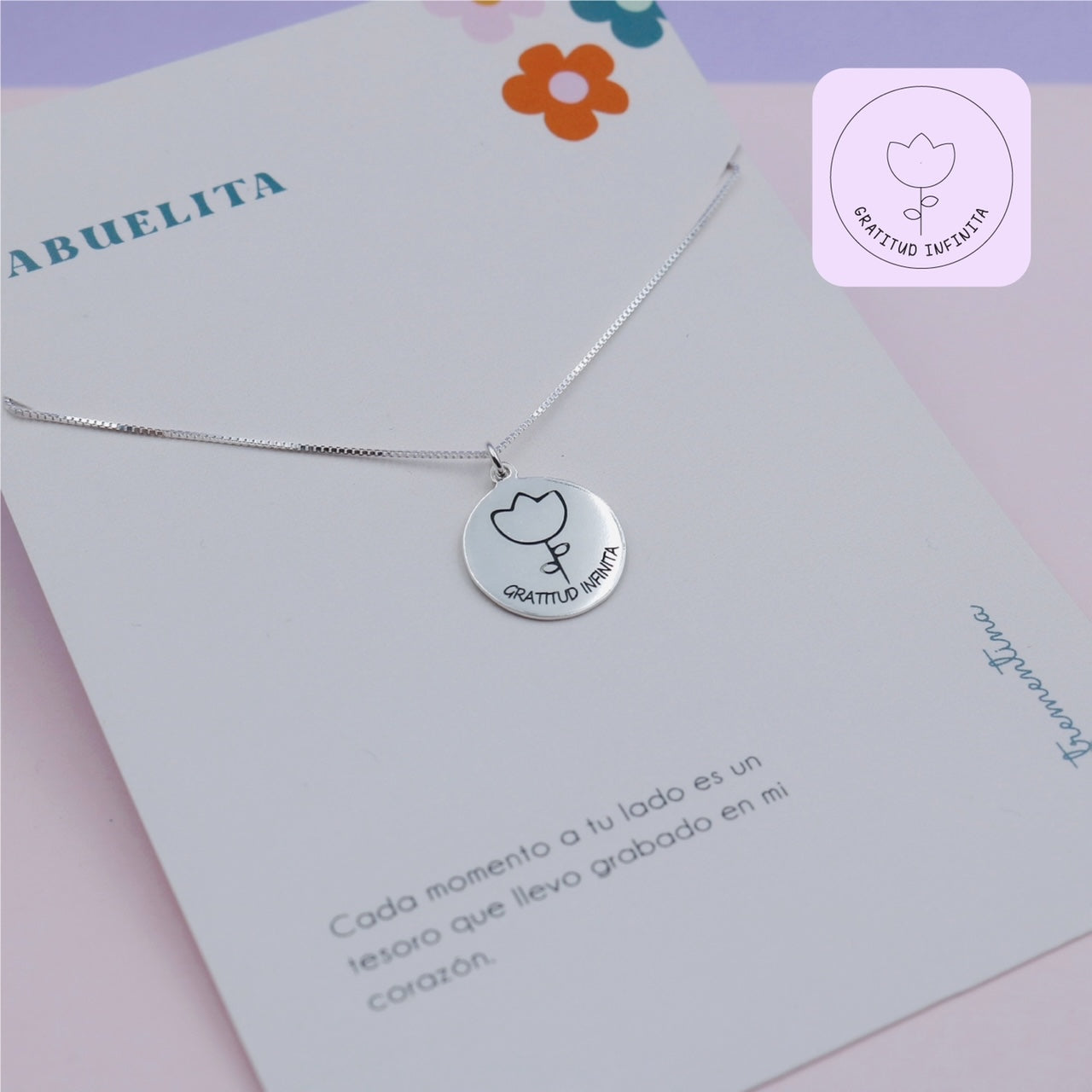 Collar en Plata Placa Circular Gratitud Infinita