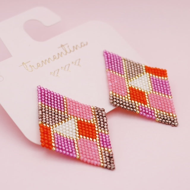 Aretes Tejidos Rombo Tangram Rosa